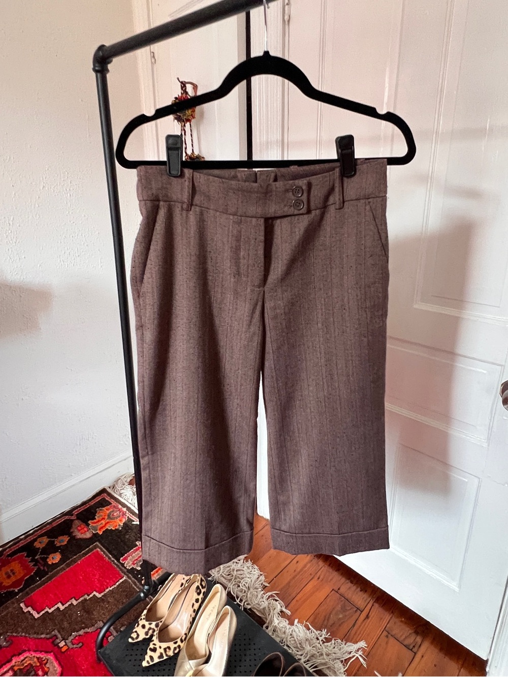 H&M Brown Pinstripe Wide-Leg Capri Trousers